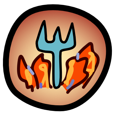 a circle with a black outline, and gradient interior, (radial gradient, off white to reddish orange). Inside the circle is a blue pitchfork surrounded at its base by flames. 